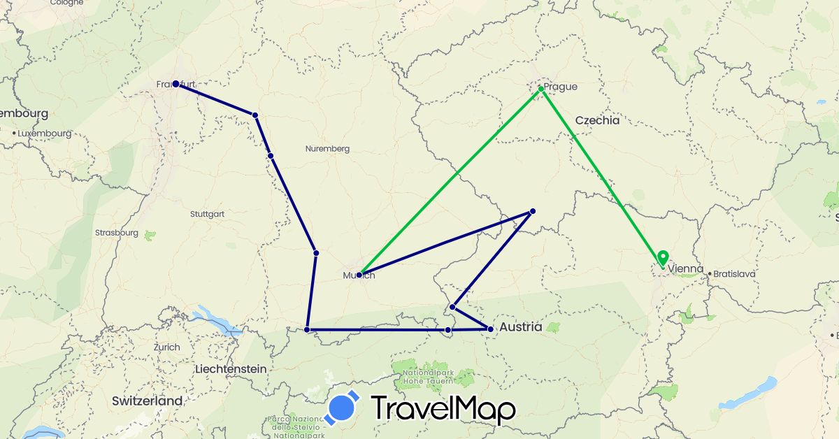 TravelMap itinerary: driving, bus in Austria, Czech Republic, Germany (Europe)